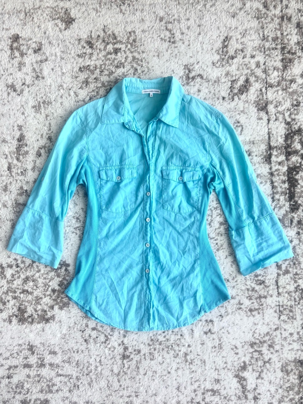 James Perse Slub Side Panel Button Down 3/4 Sleeve Blue Shirt